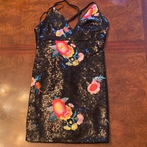 Forever 21 Black Sequin Mini Dress with Multicolor Floral Embroidery